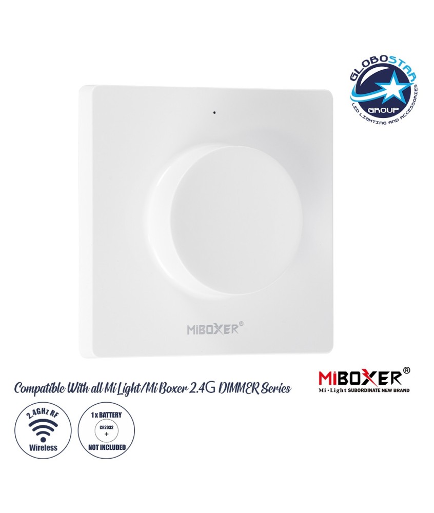 GloboStar® 71443 K1 Mi-BOXER Ασύρματο Επιτοίχιο Χειριστήριο Dimmer RF 2.4Ghz για όλα τα Μονόχρωμα Mi-BOXER Controller DC 3V 1 x CR2032 - IP20 Λευκό Μ8.5 x Π8.5 x Υ2.5cm - 5 Years Warranty